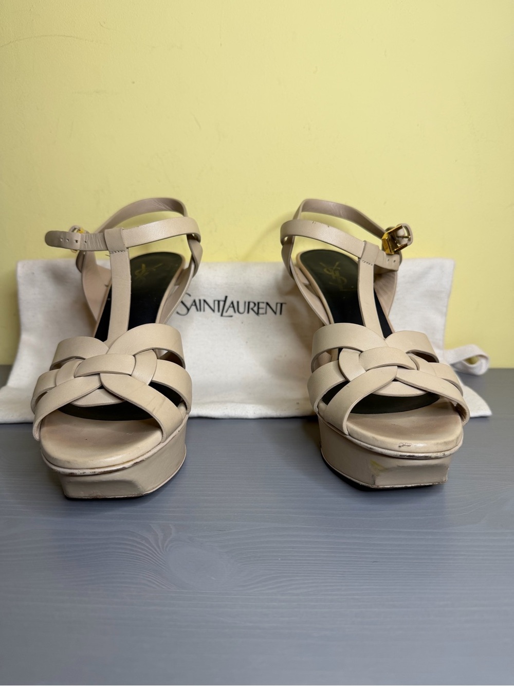 YSL Saint Laurent Tribute Beige Woven Leather Platform Sandals, size UK 38/ US 8